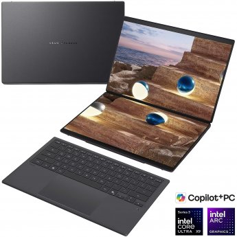 Asus | Zenbook Duo UX8407AA-SN066W | Moher Gray | 14 " | OLED | Touchscreen | 2.8K | 2880 x 1800 pixels | 144 Hz | Anti-Reflective | Intel Core Ultra X9 | 378H | 32 GB | LPDDR5X | Solid-state drive capacity 2000 GB | Intel Arc Graphics | Windows 11 Pro | 