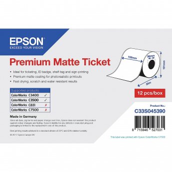 Epson MATTE TICKET - ROLL 102MM X 50M FOR TM-C3400 - MOQ 12PCS