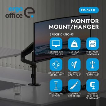 Ergo Office Monitor Mount/Hanger, Gas Spring, 17"-32", 1-10 kg, Matte Black, Max. VESA 100x100, ER-691 B