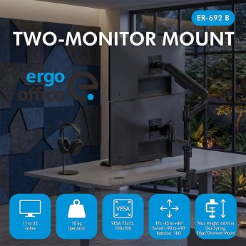 Ergo Office Mount / Holder for 2 Monitors, Gas Spring, 17"-32", 1-10 kg, Matte Black, ER-692 B