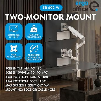 Ergo Office Mount/Hanger for 2 Monitors, Gas Spring, 17"-32", 1-10 kg, Matte White, ER-692 W