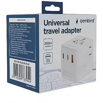 Gembird TPA-1A2C20-01-W Universal travel power adapter, 20 W, white |