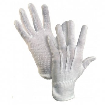 Kokvilnas darba cimdi pirkstaiņi ar gumijas punktiem vienā pusē ar izmēru L/9, balti pāris