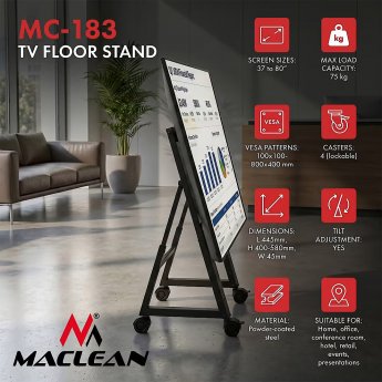Maclean TV Cart / Floor Stand, 37–80", max. VESA 800x400, max. 75 kg, mobile, wheel lock, MC-183