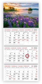 Sienas kalendārs 2026 gadam Nr.13 (Ežeras), 4 daļas, ar 3 metāla spirāli (Baltic)