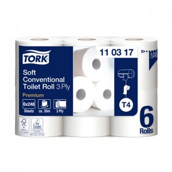 Tualetes papīrs TORK Premium Extra Soft T4, 3 sl., 248 lapiņas rullī, 9.9 cm x 34.72 m, baltā krāsā, 6 gab./iepak.